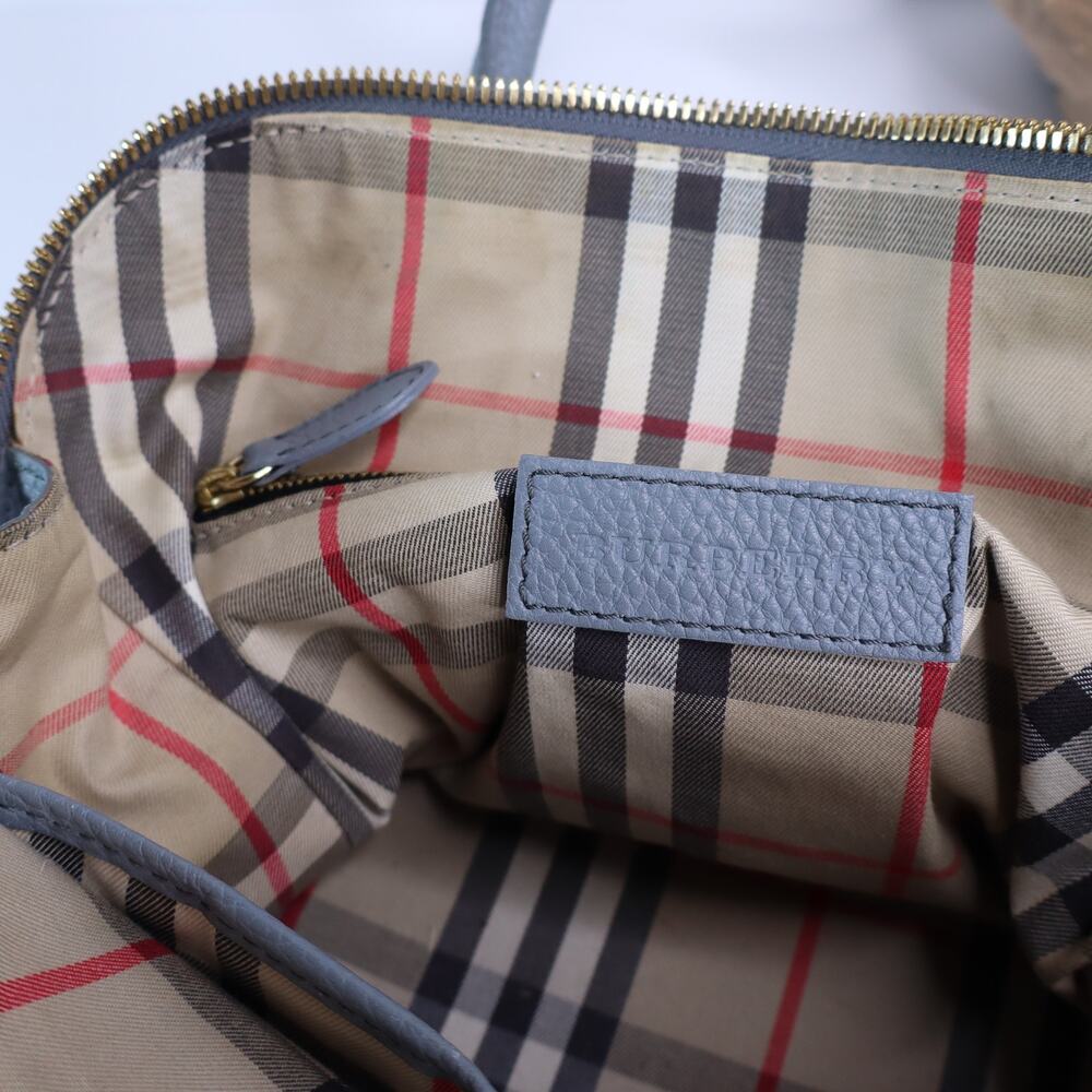BURBERRY Greenwood Bowling Bag Grey Pebbled Leather with Plaid Lining Crossbody - Picture 8 of 11